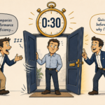 Illustration showing why the first 30 seconds decide B2B cold call conversion — a prospect begins closing the door on a generic 'we help companies improve performance' opener while turning toward a structured diagnostic opener that leads with curiosity, with a gold stopwatch counting down above, representing how a disciplined B2B messaging framework earns attention while vague pitching loses it immediately.