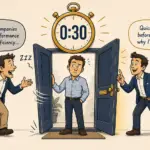 Illustration showing why the first 30 seconds decide B2B cold call conversion — a prospect begins closing the door on a generic 'we help companies improve performance' opener while turning toward a structured diagnostic opener that leads with curiosity, with a gold stopwatch counting down above, representing how a disciplined B2B messaging framework earns attention while vague pitching loses it immediately.