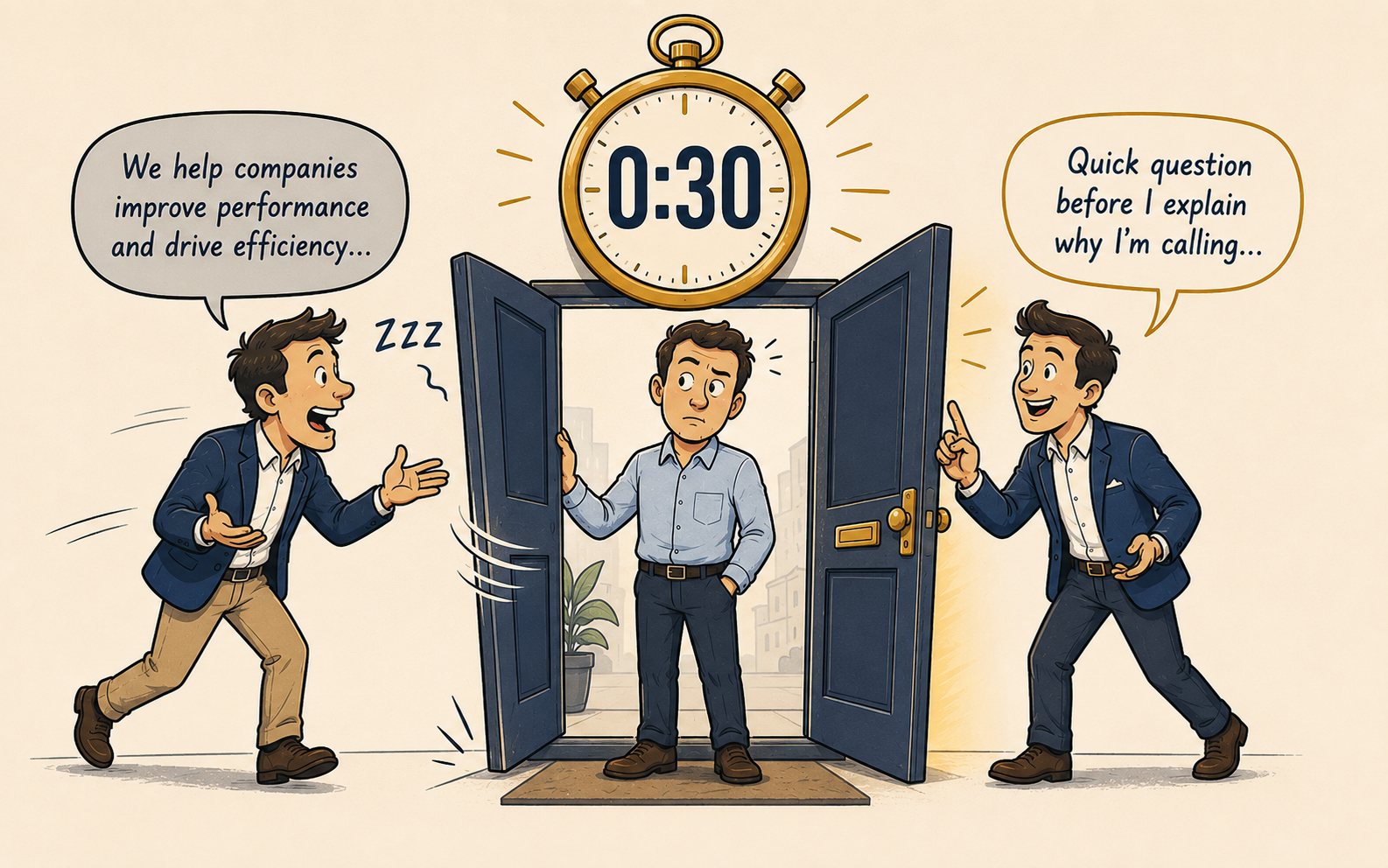 Illustration showing why the first 30 seconds decide B2B cold call conversion — a prospect begins closing the door on a generic 'we help companies improve performance' opener while turning toward a structured diagnostic opener that leads with curiosity, with a gold stopwatch counting down above, representing how a disciplined B2B messaging framework earns attention while vague pitching loses it immediately.