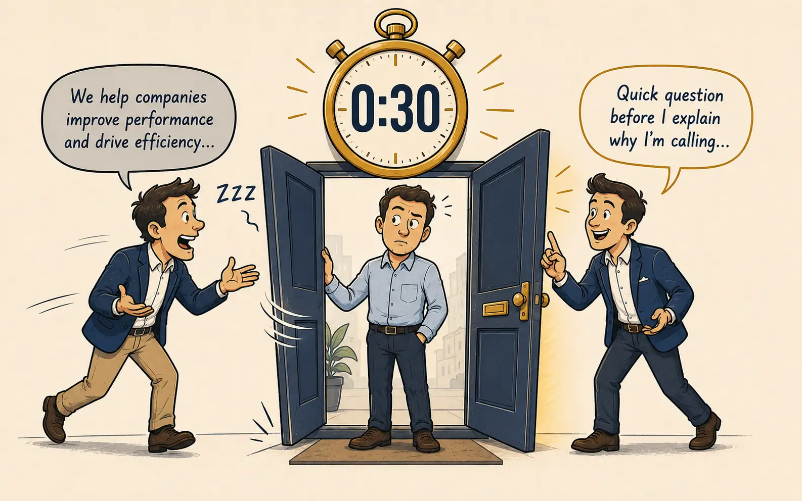 Illustration showing why the first 30 seconds decide B2B cold call conversion — a prospect begins closing the door on a generic 'we help companies improve performance' opener while turning toward a structured diagnostic opener that leads with curiosity, with a gold stopwatch counting down above, representing how a disciplined B2B messaging framework earns attention while vague pitching loses it immediately.