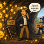 Illustration showing the hidden pipeline opportunity in CRM lead activation — a prospector orders expensive new leads by phone while standing surrounded by glowing gold nuggets labeled with familiar sales delays like 'Not Right Now,' 'Circle Back Q3,' and 'Let's Reconnect,' with a 'Your CRM' sign pointing at the untouched wall and an abandoned pickaxe beside it, representing how most B2B companies ignore dormant lead reactivation while continuously investing in net-new lead generation.