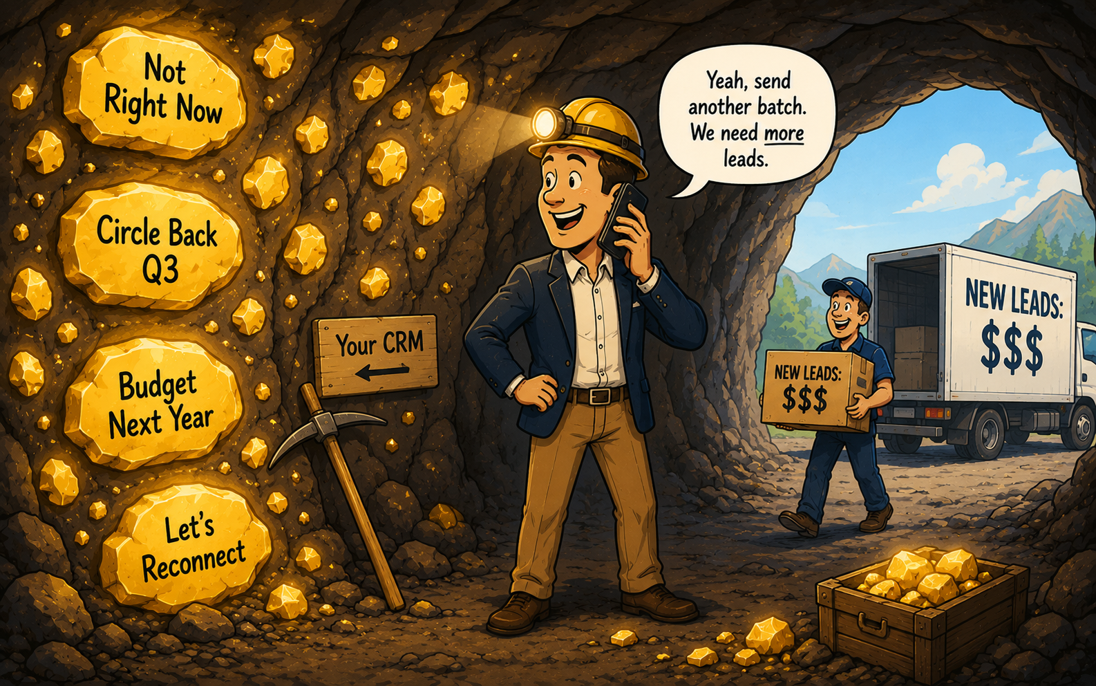 Illustration showing the hidden pipeline opportunity in CRM lead activation — a prospector orders expensive new leads by phone while standing surrounded by glowing gold nuggets labeled with familiar sales delays like 'Not Right Now,' 'Circle Back Q3,' and 'Let's Reconnect,' with a 'Your CRM' sign pointing at the untouched wall and an abandoned pickaxe beside it, representing how most B2B companies ignore dormant lead reactivation while continuously investing in net-new lead generation.