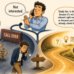 Illustration showing two responses to a cold call objection — when a prospect says 'Not interested,' a phone cord splits into two paths: on the left, an aggressive SDR and a deflated SDR both hit a brick wall labeled 'Call Over,' while on the right, a calm SDR uses a structured clarifying question to open a golden discovery path forward, representing how cold call script optimization and a disciplined sales objection handling strategy turn reflex objections into qualified conversations.