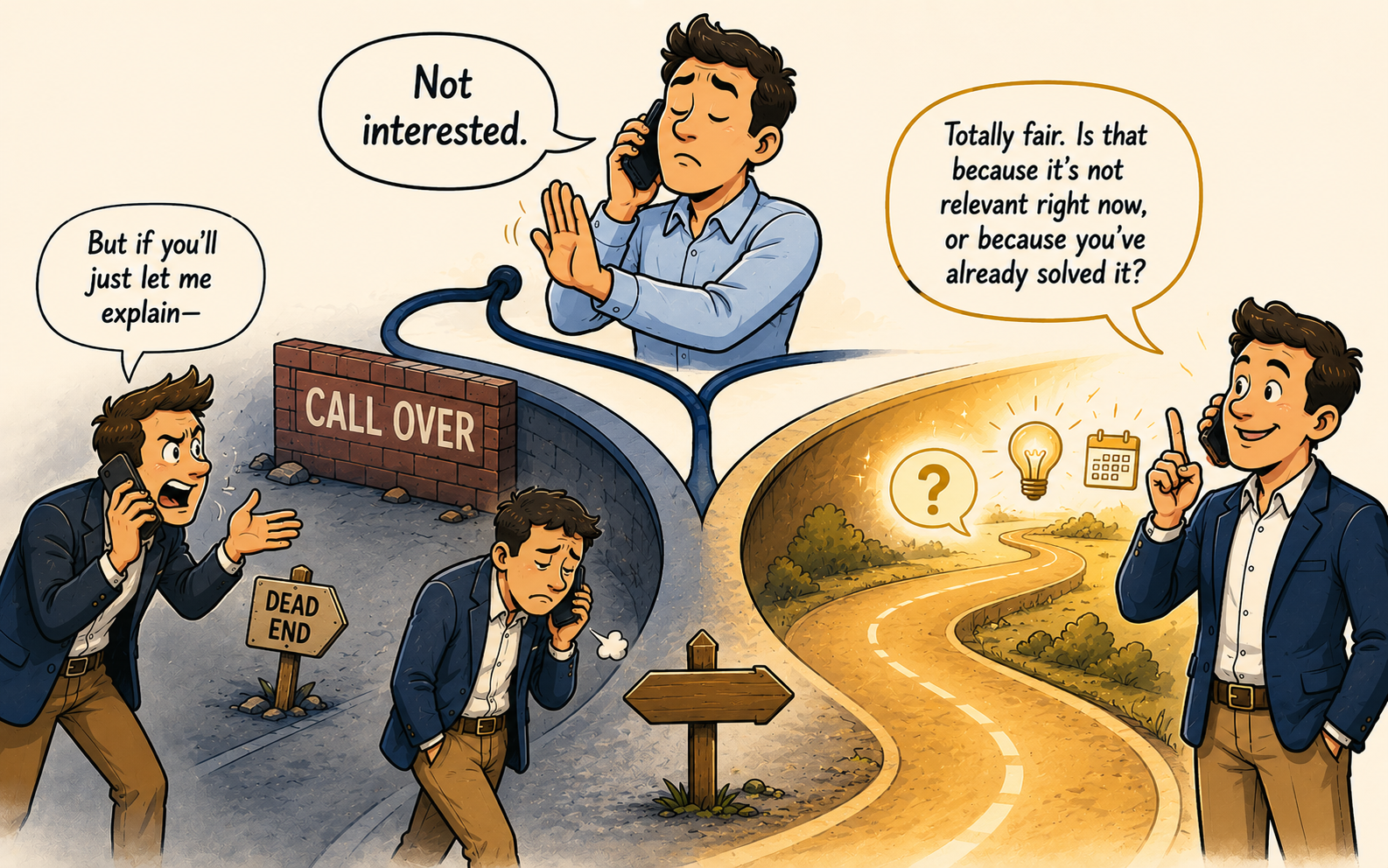 Illustration showing two responses to a cold call objection — when a prospect says 'Not interested,' a phone cord splits into two paths: on the left, an aggressive SDR and a deflated SDR both hit a brick wall labeled 'Call Over,' while on the right, a calm SDR uses a structured clarifying question to open a golden discovery path forward, representing how cold call script optimization and a disciplined sales objection handling strategy turn reflex objections into qualified conversations.