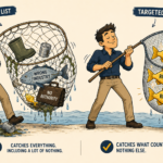 Illustration contrasting broad and targeted prospect list development for SDR outsourcing campaigns — on the left, an overwhelmed SDR hauls a wide net full of junk including wrong industry contacts and no-authority titles with one tiny qualified lead buried underneath, while on the right a calm SDR lifts a precision net containing only three glowing qualified prospects labeled Right Fit, Right Role, and Right Timing, representing how targeted list segmentation improves SDR performance without increasing activity.