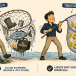 Illustration contrasting broad and targeted prospect list development for SDR outsourcing campaigns — on the left, an overwhelmed SDR hauls a wide net full of junk including wrong industry contacts and no-authority titles with one tiny qualified lead buried underneath, while on the right a calm SDR lifts a precision net containing only three glowing qualified prospects labeled Right Fit, Right Role, and Right Timing, representing how targeted list segmentation improves SDR performance without increasing activity.