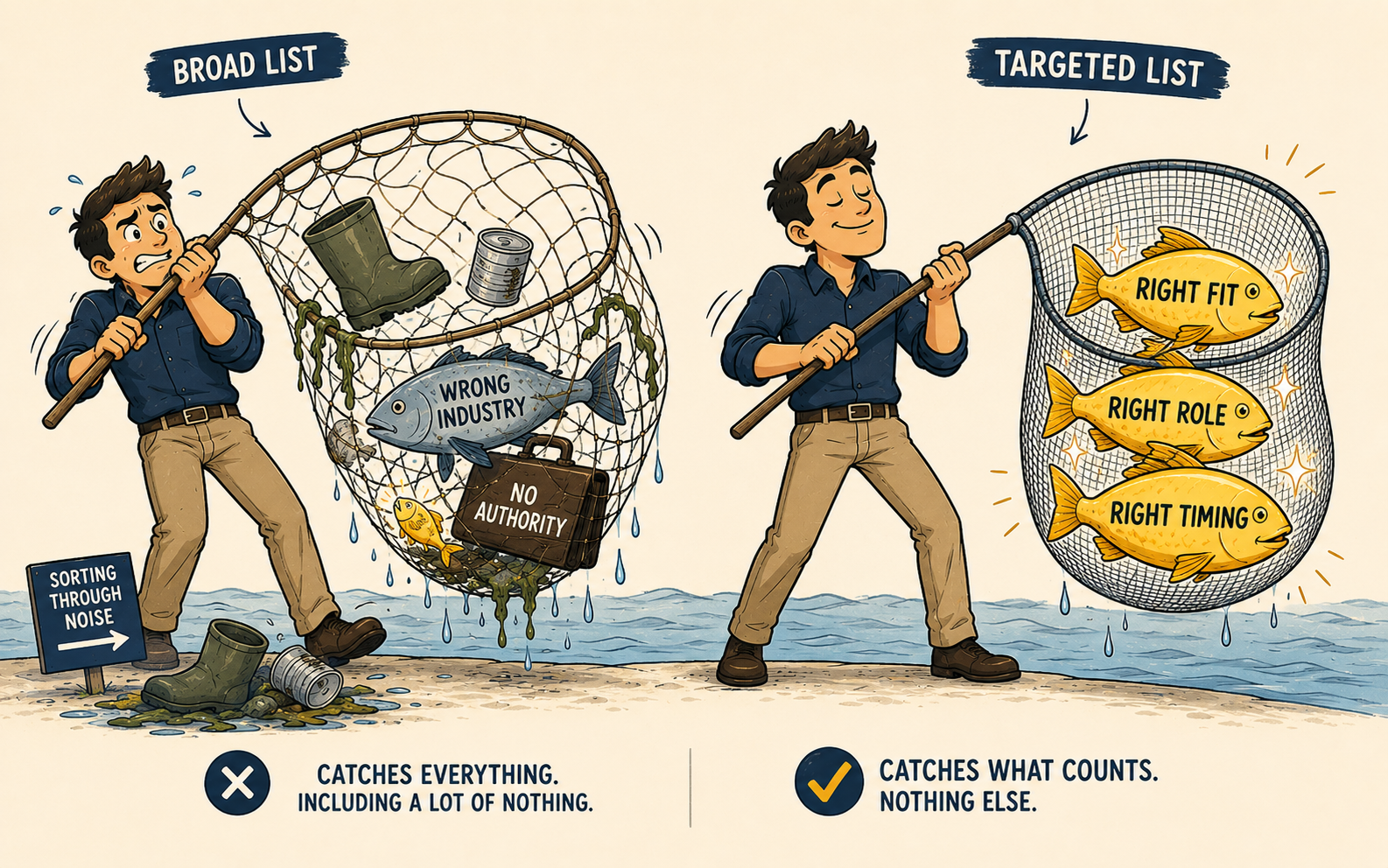 Illustration contrasting broad and targeted prospect list development for SDR outsourcing campaigns — on the left, an overwhelmed SDR hauls a wide net full of junk including wrong industry contacts and no-authority titles with one tiny qualified lead buried underneath, while on the right a calm SDR lifts a precision net containing only three glowing qualified prospects labeled Right Fit, Right Role, and Right Timing, representing how targeted list segmentation improves SDR performance without increasing activity.