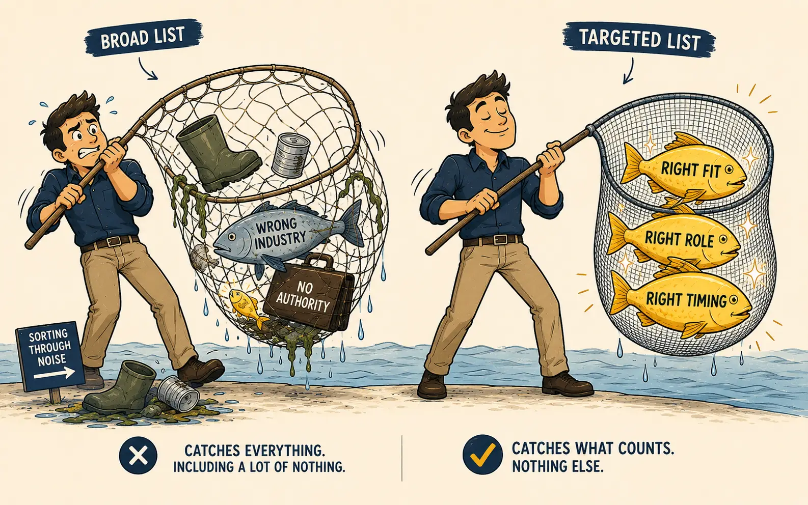 Illustration contrasting broad and targeted prospect list development for SDR outsourcing campaigns — on the left, an overwhelmed SDR hauls a wide net full of junk including wrong industry contacts and no-authority titles with one tiny qualified lead buried underneath, while on the right a calm SDR lifts a precision net containing only three glowing qualified prospects labeled Right Fit, Right Role, and Right Timing, representing how targeted list segmentation improves SDR performance without increasing activity.