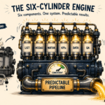 Illustration showing how a structured outbound sales system drives predictable pipeline growth — a large six-cylinder engine with components labeled List, Message, Nurture, KPIs, Data, and QA fires in alignment producing a steady gold pipeline output, contrasted against a broken chaotic outbound engine with missing parts and no pipeline on the left, representing the operational difference between improvised outbound activity and a disciplined B2B revenue engine.