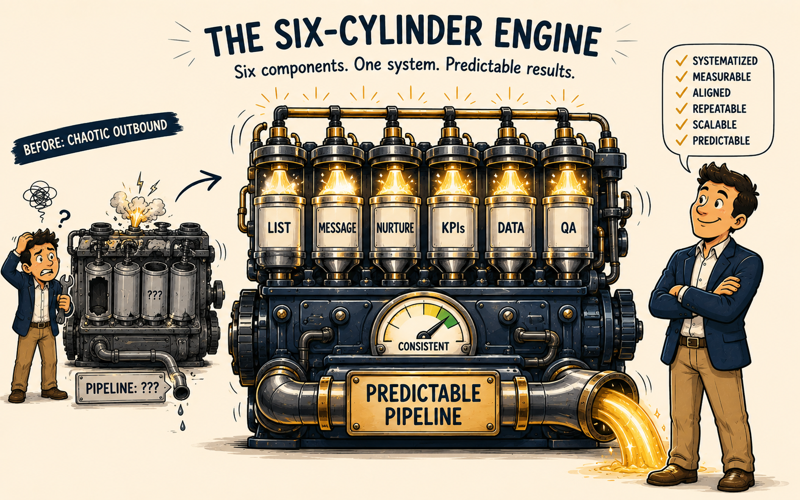 Illustration showing how a structured outbound sales system drives predictable pipeline growth — a large six-cylinder engine with components labeled List, Message, Nurture, KPIs, Data, and QA fires in alignment producing a steady gold pipeline output, contrasted against a broken chaotic outbound engine with missing parts and no pipeline on the left, representing the operational difference between improvised outbound activity and a disciplined B2B revenue engine.