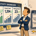 Illustration showing why activity metrics don't predict pipeline — a sales leader celebrates a maxed-out activity dashboard showing 847 dials, 1,204 emails, and 23 meetings booked while ignoring a flashing conversion dashboard beside him showing only 3 qualified meetings, 1 opportunity created, and $12K in pipeline, with a floor arrow labeled 'This one.' pointing at the metrics that actually matter, representing the core argument for outbound KPI scorecards that measure conversion quality over effort volume.
