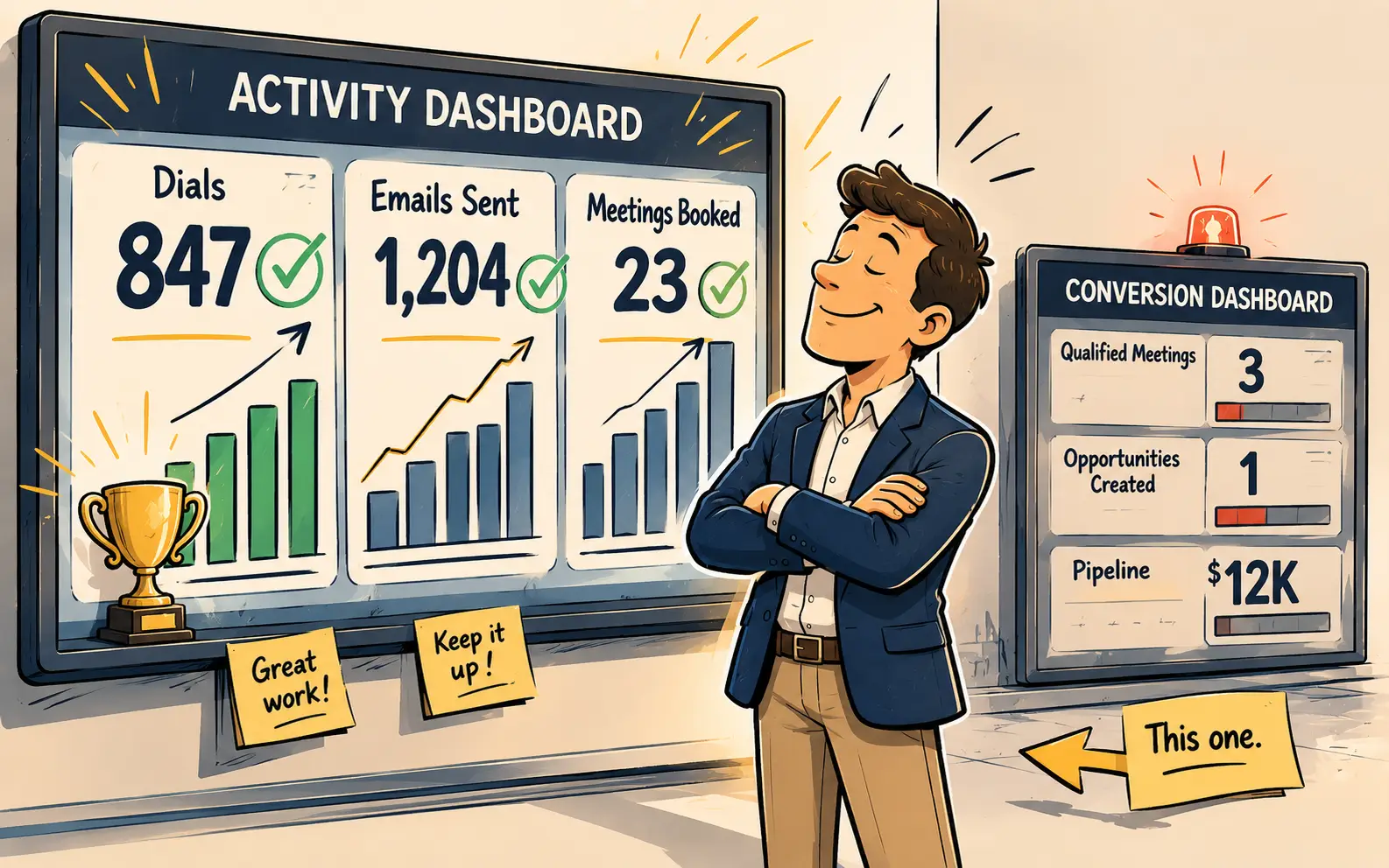Illustration showing why activity metrics don't predict pipeline — a sales leader celebrates a maxed-out activity dashboard showing 847 dials, 1,204 emails, and 23 meetings booked while ignoring a flashing conversion dashboard beside him showing only 3 qualified meetings, 1 opportunity created, and $12K in pipeline, with a floor arrow labeled 'This one.' pointing at the metrics that actually matter, representing the core argument for outbound KPI scorecards that measure conversion quality over effort volume.