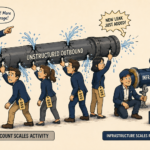 Illustration comparing hiring more SDRs versus building outbound sales infrastructure — a manager cheerfully directs expensive new hires to plug leaks in a crumbling 'Unstructured Outbound' pipe as new cracks keep appearing, while a calm engineer on the right maintains a sealed 'Infrastructure' pipe producing steady predictable revenue, with bottom captions reading 'Headcount Scales Activity' and 'Infrastructure Scales Revenue,' representing the core argument for system-first B2B outbound growth.