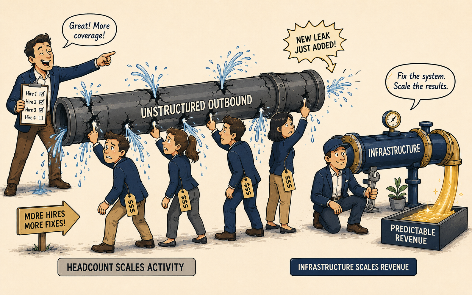 Illustration comparing hiring more SDRs versus building outbound sales infrastructure — a manager cheerfully directs expensive new hires to plug leaks in a crumbling 'Unstructured Outbound' pipe as new cracks keep appearing, while a calm engineer on the right maintains a sealed 'Infrastructure' pipe producing steady predictable revenue, with bottom captions reading 'Headcount Scales Activity' and 'Infrastructure Scales Revenue,' representing the core argument for system-first B2B outbound growth.