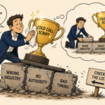 Illustration showing why B2B cold calling services fail when list quality is ignored — an SDR polishes a 'Cold Call Script' trophy sitting on crumbling blocks labeled 'Wrong Industry,' 'No Authority,' and 'Bad Timing,' while a 'Check the List' sign goes unnoticed, and a thought bubble reveals the correct sequence: fixing the targeting foundation first so the script performs naturally, representing how ideal customer profile targeting drives cold calling conversion more than script optimization.