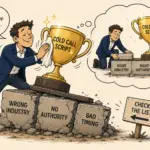Illustration showing why B2B cold calling services fail when list quality is ignored — an SDR polishes a 'Cold Call Script' trophy sitting on crumbling blocks labeled 'Wrong Industry,' 'No Authority,' and 'Bad Timing,' while a 'Check the List' sign goes unnoticed, and a thought bubble reveals the correct sequence: fixing the targeting foundation first so the script performs naturally, representing how ideal customer profile targeting drives cold calling conversion more than script optimization.