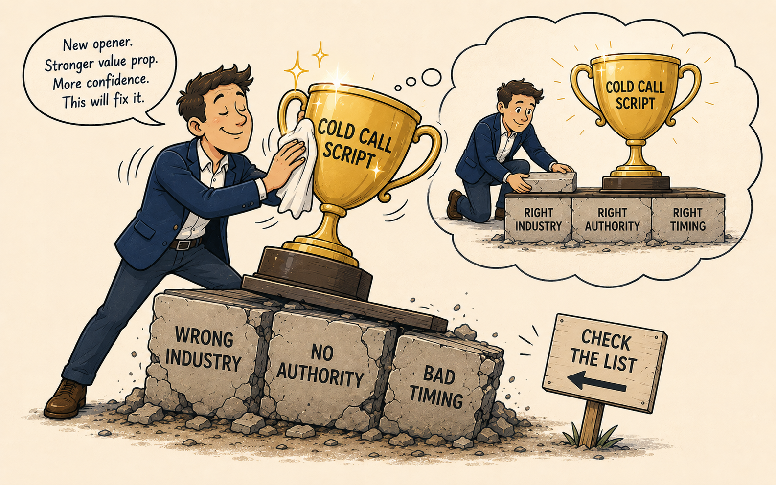 Illustration showing why B2B cold calling services fail when list quality is ignored — an SDR polishes a 'Cold Call Script' trophy sitting on crumbling blocks labeled 'Wrong Industry,' 'No Authority,' and 'Bad Timing,' while a 'Check the List' sign goes unnoticed, and a thought bubble reveals the correct sequence: fixing the targeting foundation first so the script performs naturally, representing how ideal customer profile targeting drives cold calling conversion more than script optimization.