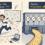 Illustration comparing random outbound sales activity to a structured pipeline generation system — a chaotic SDR running in circles with infinite dials and no pipeline on the left, versus a calm rep overseeing a disciplined outbound machine with labeled performance gauges and a steady flow of qualified leads on the right, visualizing the shift from effort-driven to infrastructure-driven B2B sales.