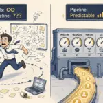 Illustration comparing random outbound sales activity to a structured pipeline generation system — a chaotic SDR running in circles with infinite dials and no pipeline on the left, versus a calm rep overseeing a disciplined outbound machine with labeled performance gauges and a steady flow of qualified leads on the right, visualizing the shift from effort-driven to infrastructure-driven B2B sales.