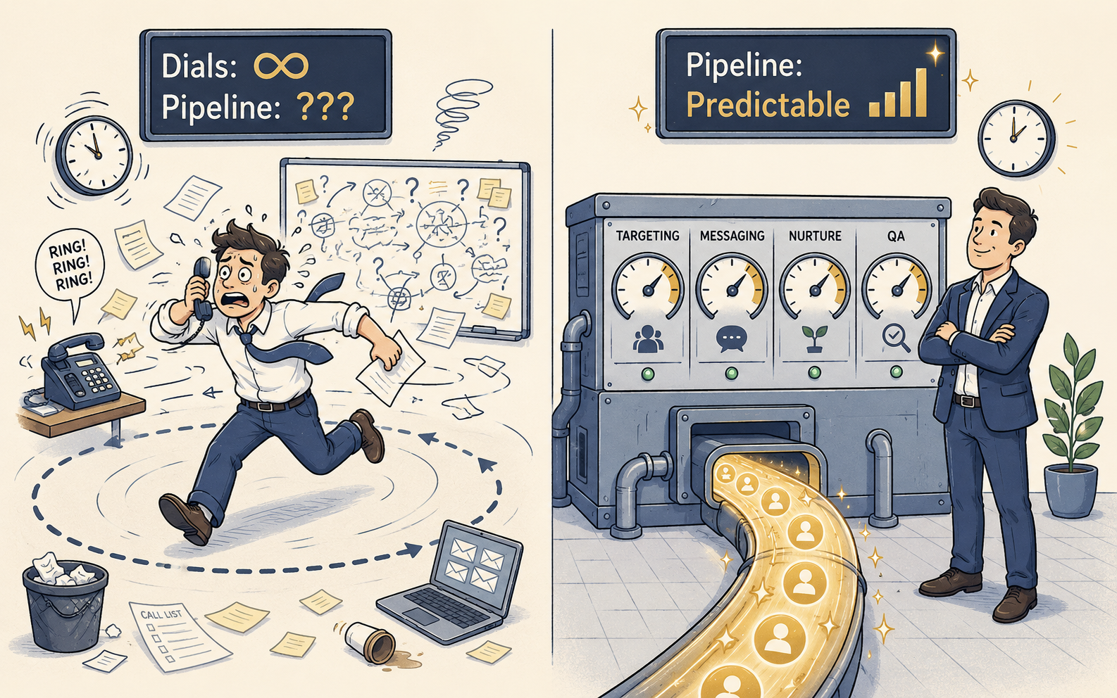 Illustration comparing random outbound sales activity to a structured pipeline generation system — a chaotic SDR running in circles with infinite dials and no pipeline on the left, versus a calm rep overseeing a disciplined outbound machine with labeled performance gauges and a steady flow of qualified leads on the right, visualizing the shift from effort-driven to infrastructure-driven B2B sales.