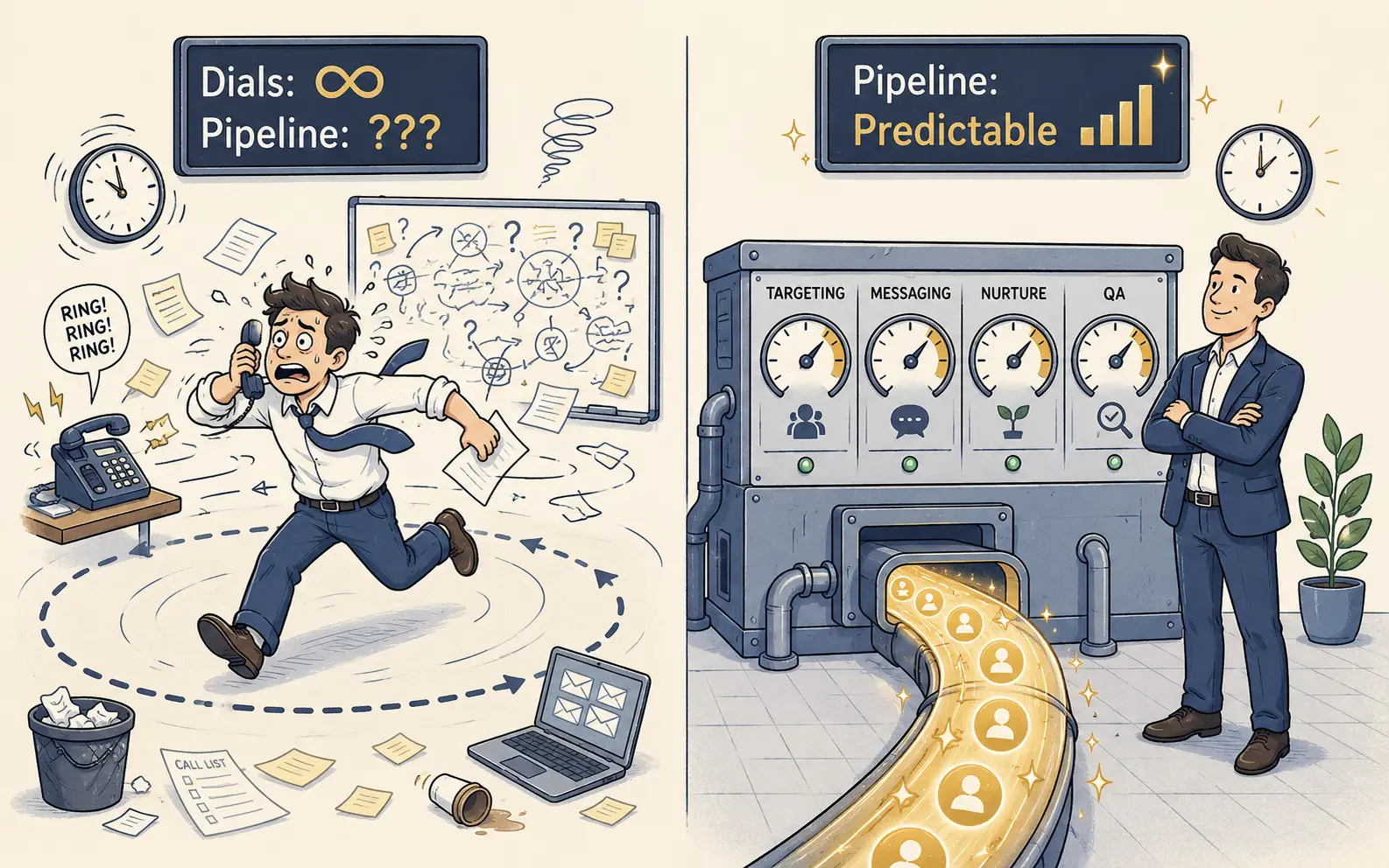 Illustration comparing random outbound sales activity to a structured pipeline generation system — a chaotic SDR running in circles with infinite dials and no pipeline on the left, versus a calm rep overseeing a disciplined outbound machine with labeled performance gauges and a steady flow of qualified leads on the right, visualizing the shift from effort-driven to infrastructure-driven B2B sales.