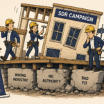 Cartoon illustration of three SDR workers in yellow hard hats and business casual clothing constructing a building labeled 'SDR Campaign' that tilts visibly to one side. Two workers confidently carry lumber and hammer while a third stands to the right with a hand on his chin, looking down with a puzzled expression. The crumbling foundation beneath the structure is made of three cracked stone blocks labeled 'Wrong Industry,' 'No Authority,' and 'Bad Fit.' A blueprint easel labeled 'The Plan' sits on the ground showing a perfectly straight, upright building.
