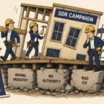 Cartoon illustration of three SDR workers in yellow hard hats and business casual clothing constructing a building labeled 'SDR Campaign' that tilts visibly to one side. Two workers confidently carry lumber and hammer while a third stands to the right with a hand on his chin, looking down with a puzzled expression. The crumbling foundation beneath the structure is made of three cracked stone blocks labeled 'Wrong Industry,' 'No Authority,' and 'Bad Fit.' A blueprint easel labeled 'The Plan' sits on the ground showing a perfectly straight, upright building.