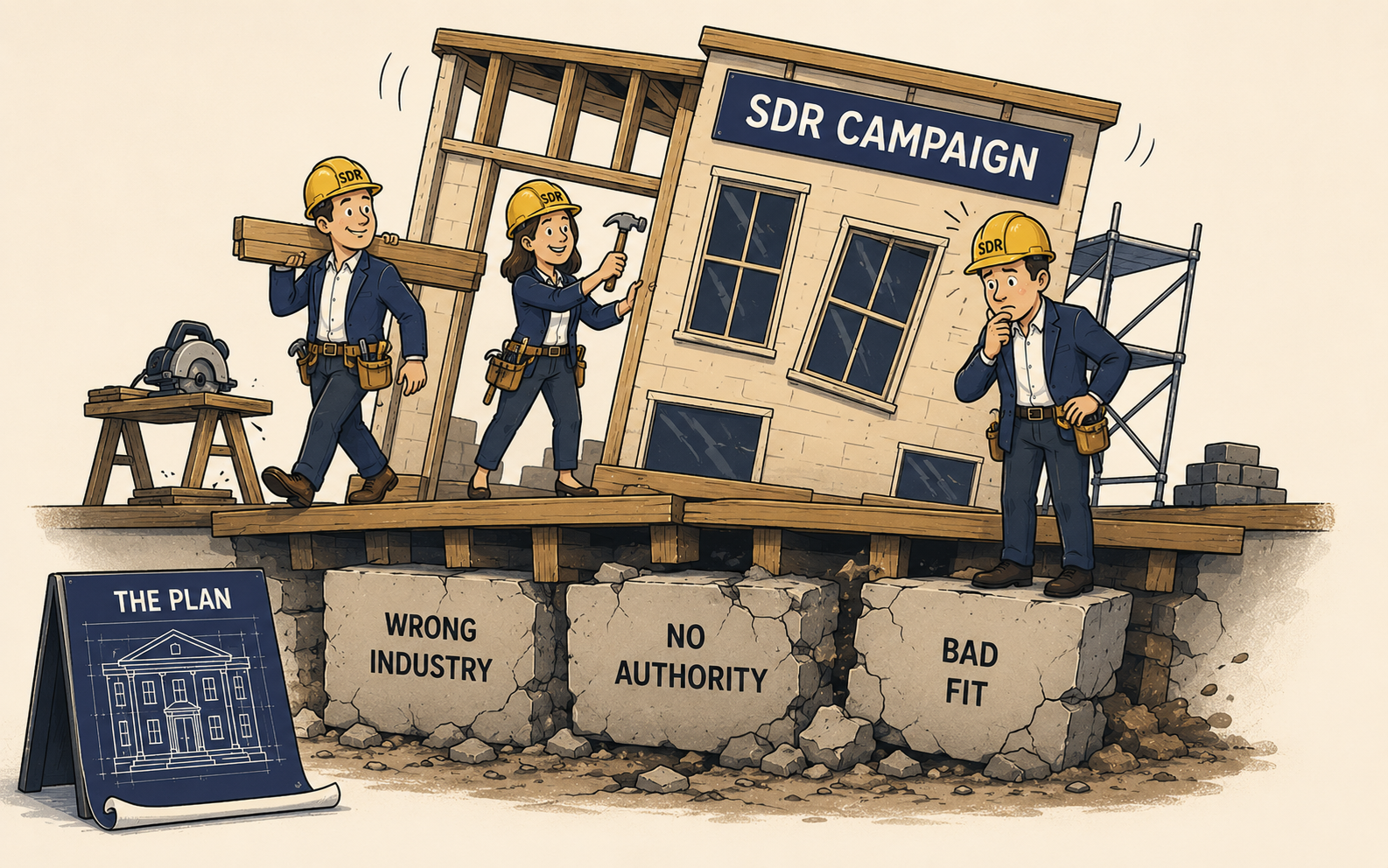 Cartoon illustration of three SDR workers in yellow hard hats and business casual clothing constructing a building labeled 'SDR Campaign' that tilts visibly to one side. Two workers confidently carry lumber and hammer while a third stands to the right with a hand on his chin, looking down with a puzzled expression. The crumbling foundation beneath the structure is made of three cracked stone blocks labeled 'Wrong Industry,' 'No Authority,' and 'Bad Fit.' A blueprint easel labeled 'The Plan' sits on the ground showing a perfectly straight, upright building.