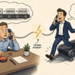 Illustration showing the impact of pattern interrupts on cold call engagement — a checked-out prospect hovers over a hang-up button while anticipating a predictable sales script, until an SDR steps off the script conveyor belt and triggers a gold lightning bolt pattern interrupt, shifting the prospect from defensive resistance to genuine curiosity, representing how structured pattern interrupts improve SDR coaching and call scoring results.