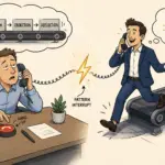 Illustration showing the impact of pattern interrupts on cold call engagement — a checked-out prospect hovers over a hang-up button while anticipating a predictable sales script, until an SDR steps off the script conveyor belt and triggers a gold lightning bolt pattern interrupt, shifting the prospect from defensive resistance to genuine curiosity, representing how structured pattern interrupts improve SDR coaching and call scoring results.