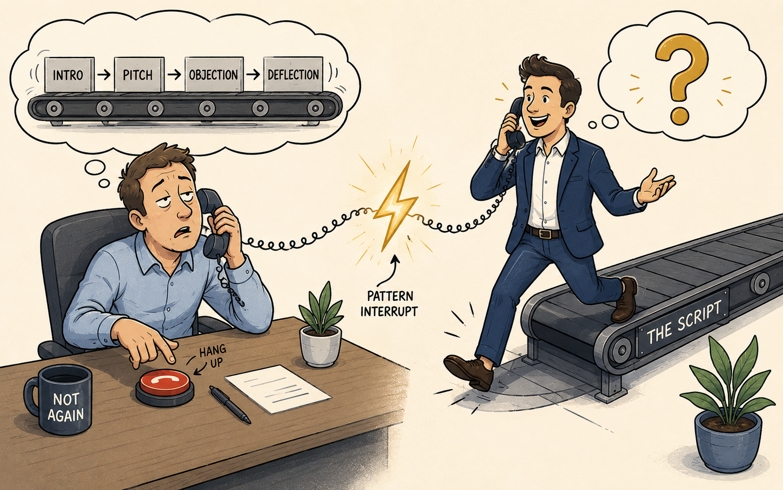 Illustration showing the impact of pattern interrupts on cold call engagement — a checked-out prospect hovers over a hang-up button while anticipating a predictable sales script, until an SDR steps off the script conveyor belt and triggers a gold lightning bolt pattern interrupt, shifting the prospect from defensive resistance to genuine curiosity, representing how structured pattern interrupts improve SDR coaching and call scoring results.