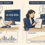 Illustration contrasting subjective sales call feedback with a structured sales quality assurance process — a vibe-based manager offers hollow feedback while pipeline results stay unpredictable, while a structured coach uses an objective scorecard tied to defined criteria and produces a steadily improving pipeline, representing the impact of disciplined SDR coaching and call scoring on B2B outbound performance.