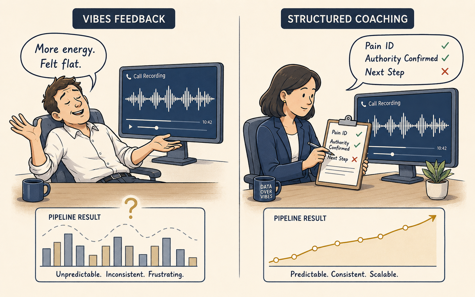 Illustration contrasting subjective sales call feedback with a structured sales quality assurance process — a vibe-based manager offers hollow feedback while pipeline results stay unpredictable, while a structured coach uses an objective scorecard tied to defined criteria and produces a steadily improving pipeline, representing the impact of disciplined SDR coaching and call scoring on B2B outbound performance.