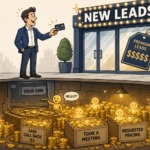 Illustration showing the hidden ROI of warm lead reactivation campaigns — an executive prepares to spend on expensive new leads from a flashy storefront while ignoring a basement vault labeled 'Your CRM,' overflowing with glowing dormant prospects labeled 'Said Call Back Q3,' 'Took a Meeting,' and 'Requested Pricing,' representing the untapped pipeline most B2B companies already own but fail to reactivate.