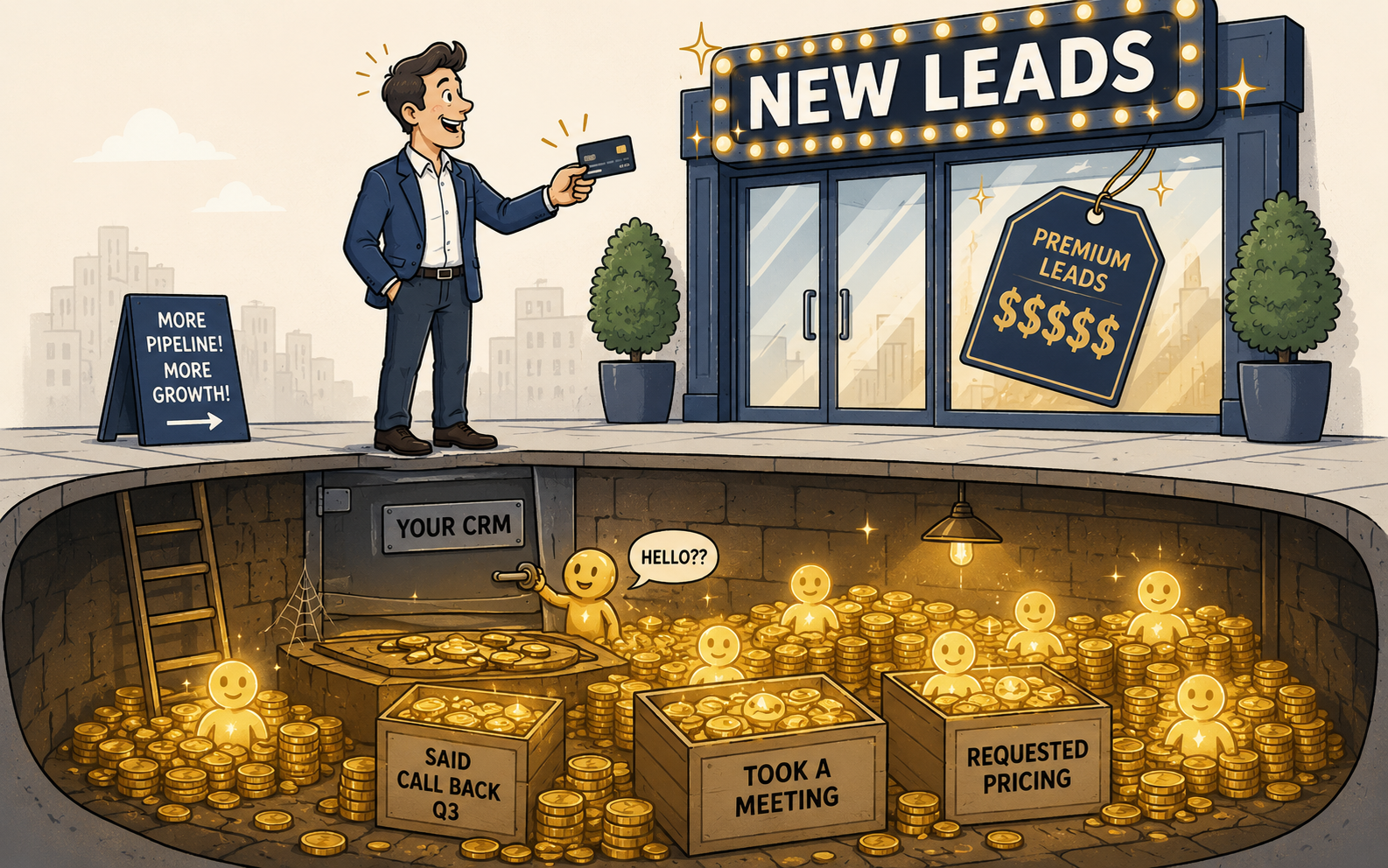 Illustration showing the hidden ROI of warm lead reactivation campaigns — an executive prepares to spend on expensive new leads from a flashy storefront while ignoring a basement vault labeled 'Your CRM,' overflowing with glowing dormant prospects labeled 'Said Call Back Q3,' 'Took a Meeting,' and 'Requested Pricing,' representing the untapped pipeline most B2B companies already own but fail to reactivate.