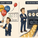 Illustration comparing a transactional B2B lead generation agency to a structured revenue engine — on the left, an agency vendor hands hollow activity balloons labeled meetings, dials, and touches to a hopeful founder while a calendar shows one good month followed by uncertainty; on the right, the same founder confidently oversees a self-running outbound machine with structured ICP, messaging, nurture, and QA gauges producing a steady flow of qualified leads every day.