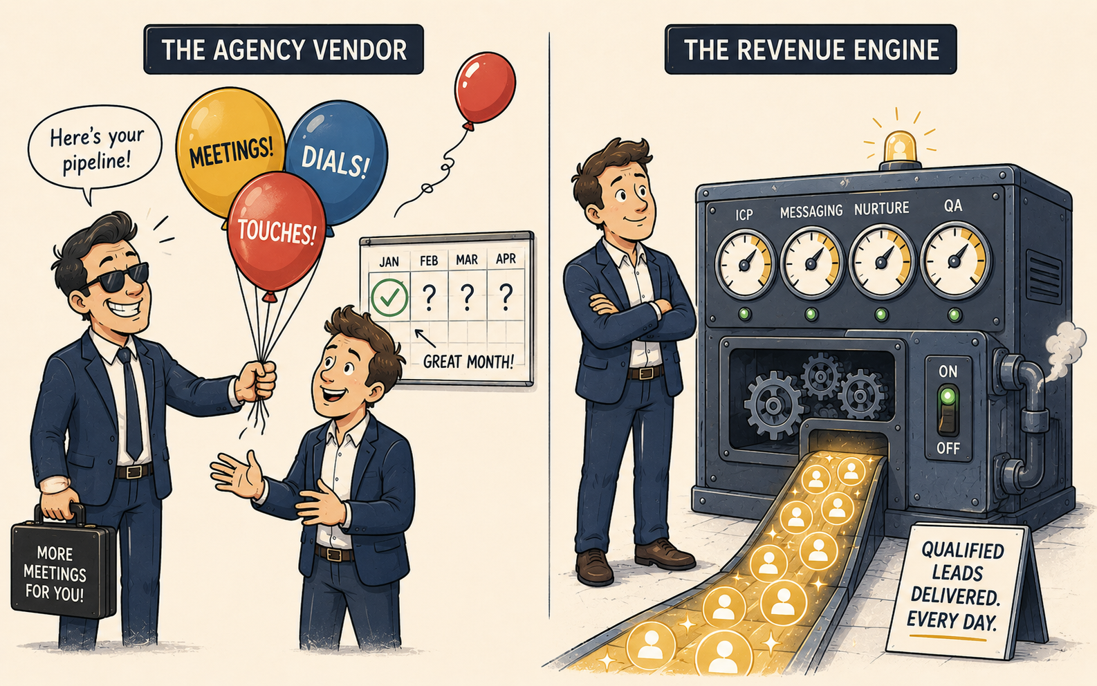 Illustration comparing a transactional B2B lead generation agency to a structured revenue engine — on the left, an agency vendor hands hollow activity balloons labeled meetings, dials, and touches to a hopeful founder while a calendar shows one good month followed by uncertainty; on the right, the same founder confidently oversees a self-running outbound machine with structured ICP, messaging, nurture, and QA gauges producing a steady flow of qualified leads every day.