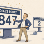 Illustration showing the difference between call volume and qualified meetings — a salesman celebrates 847 dials while an unimpressed executive points to only 2 qualified meetings, representing the cost of prioritizing activity over conversion in B2B outbound sales.