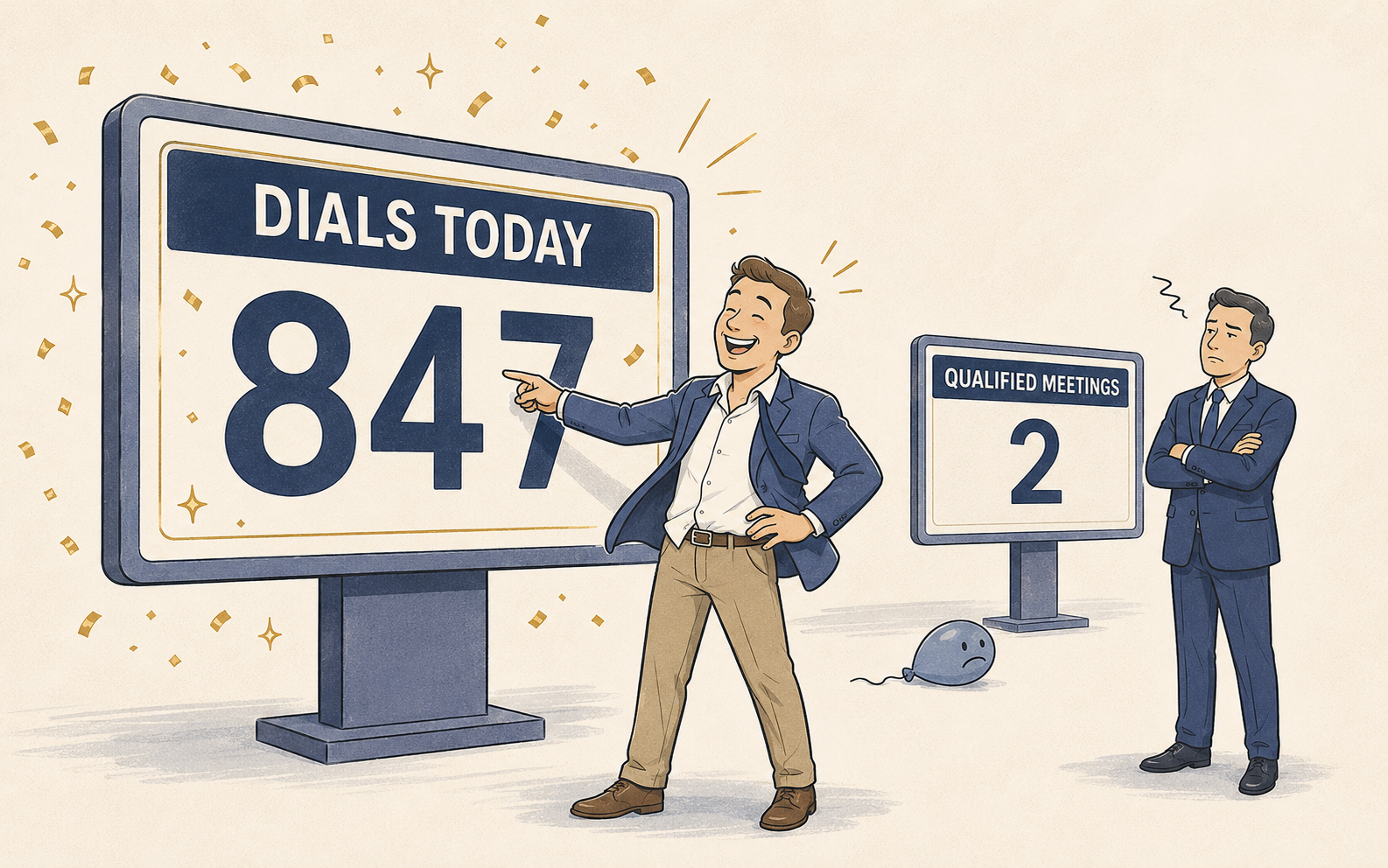 Illustration showing the difference between call volume and qualified meetings — a salesman celebrates 847 dials while an unimpressed executive points to only 2 qualified meetings, representing the cost of prioritizing activity over conversion in B2B outbound sales.