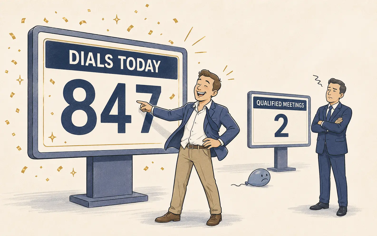 Illustration showing the difference between call volume and qualified meetings — a salesman celebrates 847 dials while an unimpressed executive points to only 2 qualified meetings, representing the cost of prioritizing activity over conversion in B2B outbound sales.