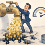 Illustration showing how unstructured outbound scales waste instead of results — an oblivious executive cranks a faucet pouring leads and coins through a cracked floor while a CAC gauge spikes into the red, representing the cost of increasing volume without improving outbound infrastructure in B2B sales.