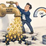 Illustration showing how unstructured outbound scales waste instead of results — an oblivious executive cranks a faucet pouring leads and coins through a cracked floor while a CAC gauge spikes into the red, representing the cost of increasing volume without improving outbound infrastructure in B2B sales.