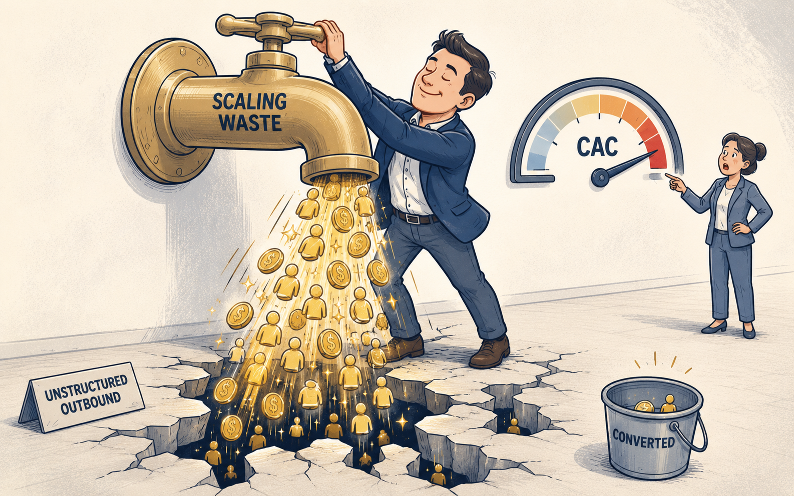 Illustration showing how unstructured outbound scales waste instead of results — an oblivious executive cranks a faucet pouring leads and coins through a cracked floor while a CAC gauge spikes into the red, representing the cost of increasing volume without improving outbound infrastructure in B2B sales.