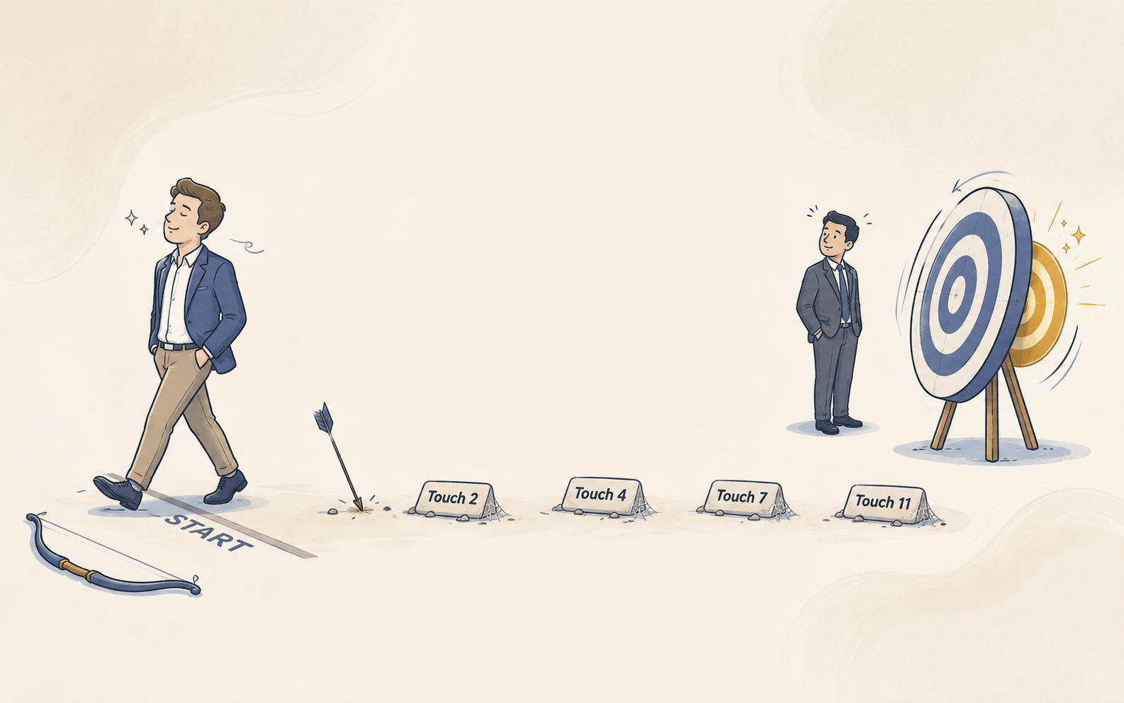 Illustration showing why one-touch outreach fails in B2B sales — an SDR walks away after a single missed attempt while untouched follow-up markers labeled Touch 2 through Touch 11 line the path, and a prospect stands next to a glowing bullseye that just became available, representing the cost of stopping a multi-touch sales cadence too early.