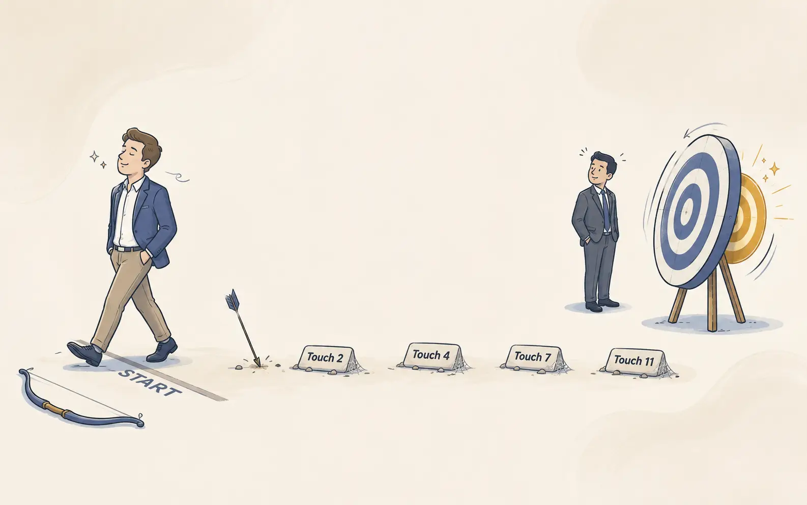 Illustration showing why one-touch outreach fails in B2B sales — an SDR walks away after a single missed attempt while untouched follow-up markers labeled Touch 2 through Touch 11 line the path, and a prospect stands next to a glowing bullseye that just became available, representing the cost of stopping a multi-touch sales cadence too early.