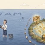 Illustration comparing total addressable market vs. ICP segmentation strategy in B2B outbound sales — an SDR fishes aimlessly in a vast empty ocean labeled TAM with nearly no results, while a glowing ICP pond filled with gold fish and an overflowing net sits just steps away, representing the efficiency gains of precise outbound targeting over broad market pursuit.