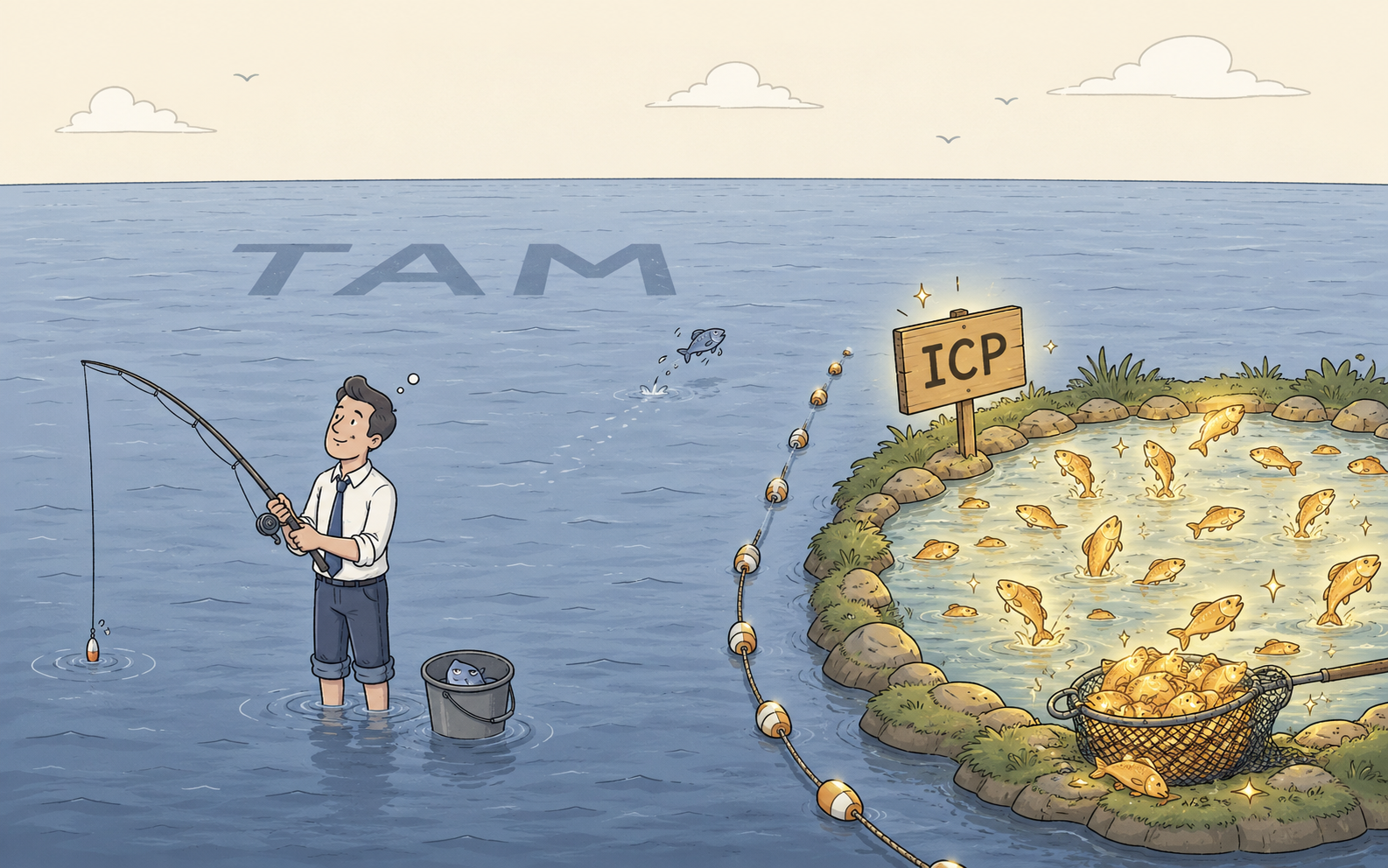 Illustration comparing total addressable market vs. ICP segmentation strategy in B2B outbound sales — an SDR fishes aimlessly in a vast empty ocean labeled TAM with nearly no results, while a glowing ICP pond filled with gold fish and an overflowing net sits just steps away, representing the efficiency gains of precise outbound targeting over broad market pursuit.