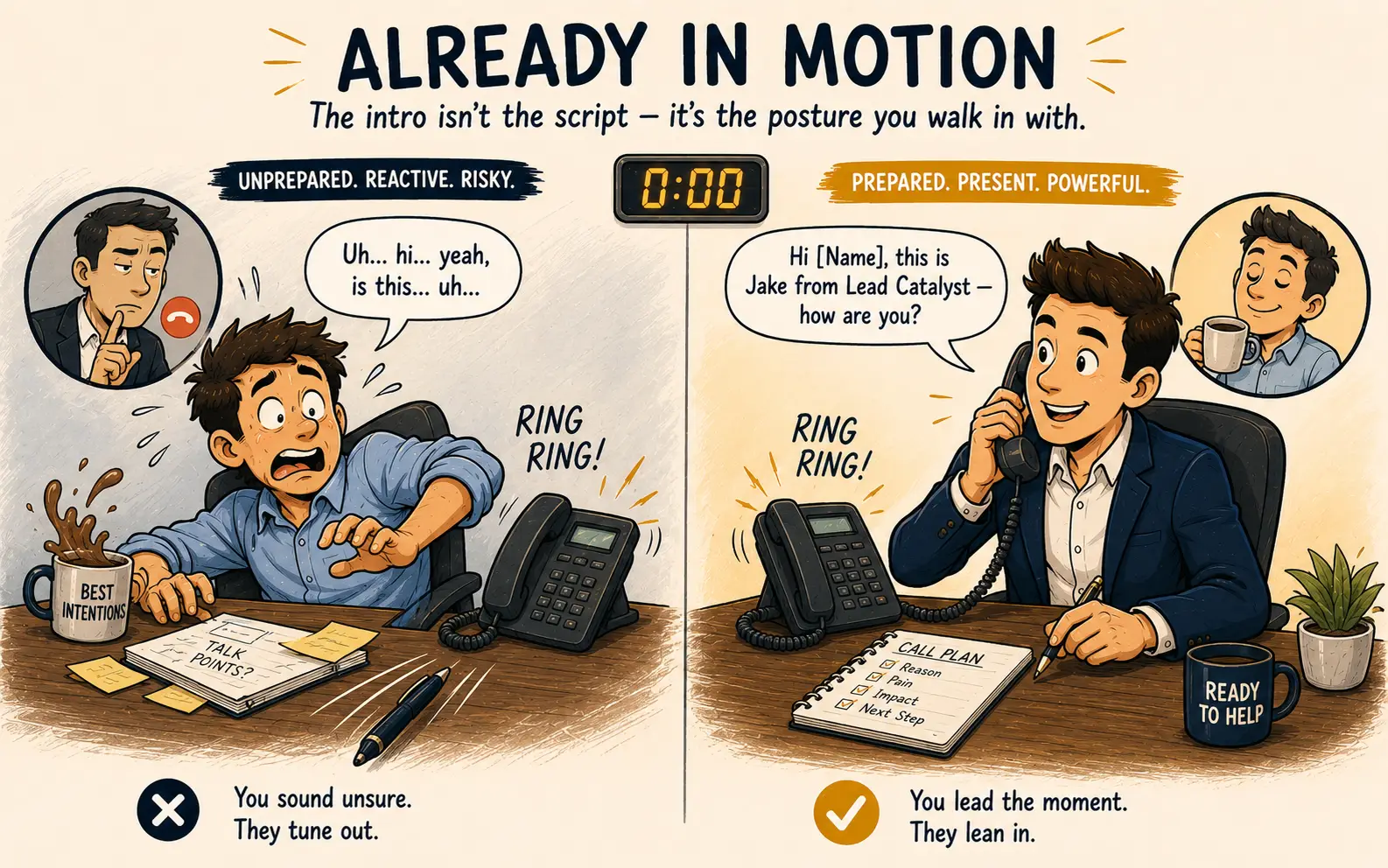 Illustration showing why cold call introduction preparation determines conversion — an unprepared SDR scrambles and stutters while a prospect reaches for hang-up, while a structured SDR leads with a confident natural opener from a prepared call plan, with the same '0:00' clock above both scenes representing how the first moment of a cold call introduction sets the entire tone for B2B outbound lead generation success.