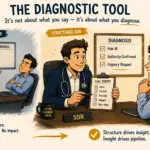 Illustration contrasting unstructured and structured sales script approaches — an unstructured rep wings it with a blank diagnosis chart and a crossed-arms prospect, while a structured SDR uses a stethoscope and a structured call script to check off Pain ID, Authority Confirmed, and Urgency Mapped, earning a genuinely engaged prospect thinking '...how did he know that?', representing how sales script optimization turns cold calls into diagnostic conversations that drive pipeline.
