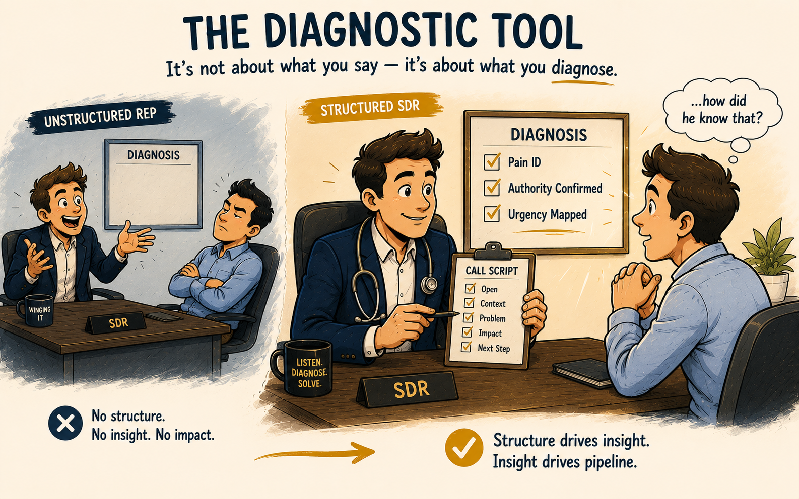 Illustration contrasting unstructured and structured sales script approaches — an unstructured rep wings it with a blank diagnosis chart and a crossed-arms prospect, while a structured SDR uses a stethoscope and a structured call script to check off Pain ID, Authority Confirmed, and Urgency Mapped, earning a genuinely engaged prospect thinking '...how did he know that?', representing how sales script optimization turns cold calls into diagnostic conversations that drive pipeline.